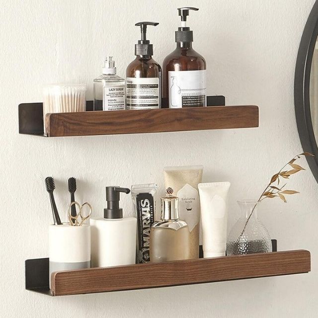 Bathroom Wall Shelf Solid Wood Self-Adhesive No-Drill Mounting