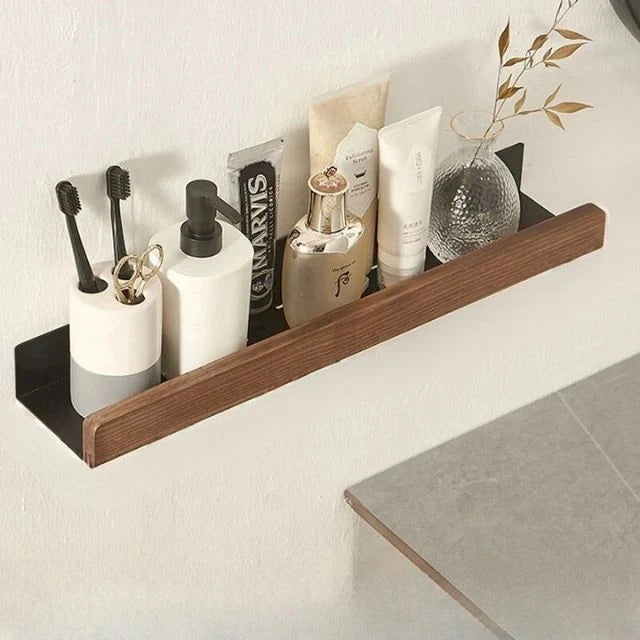 Bathroom Wall Shelf Solid Wood Self-Adhesive No-Drill Mounting
