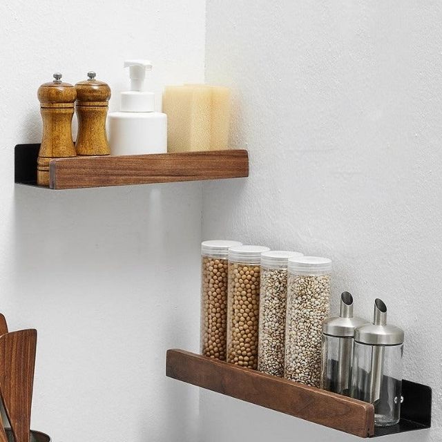 Bathroom Wall Shelf Solid Wood Self-Adhesive No-Drill Mounting