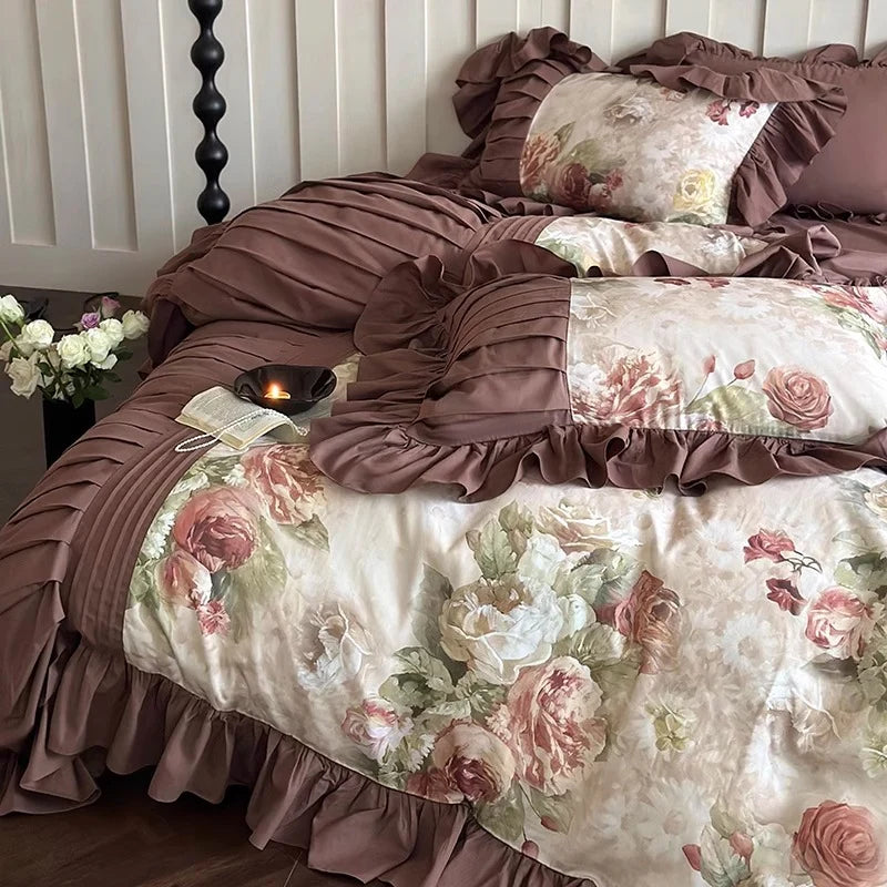 Bedding Set Cotton Sateen Floral Ruffled Details