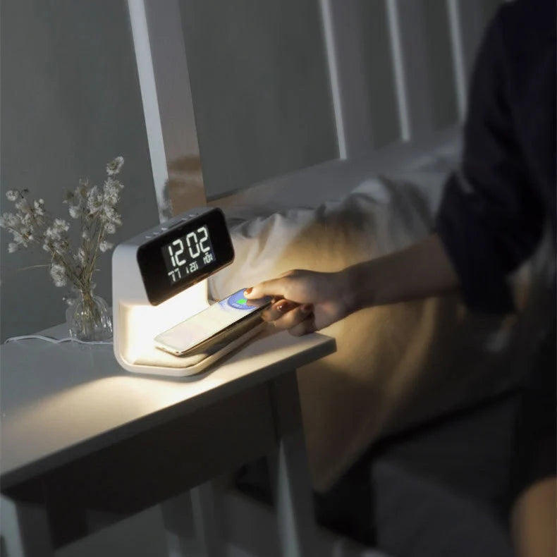 Bedside Lamp Dimmable LED Wireless Charger LCD Alarm Clock