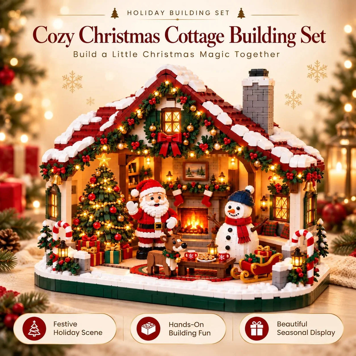 Building Block Set Christmas Open-Front House Three Figures