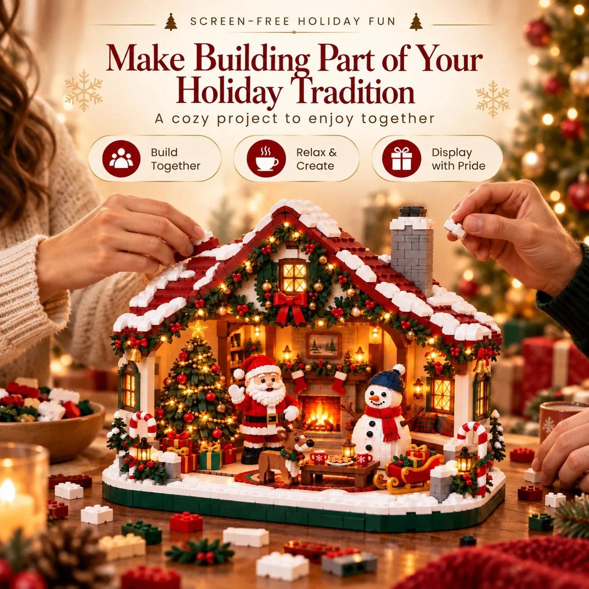 Building Block Set Christmas Open-Front House Three Figures