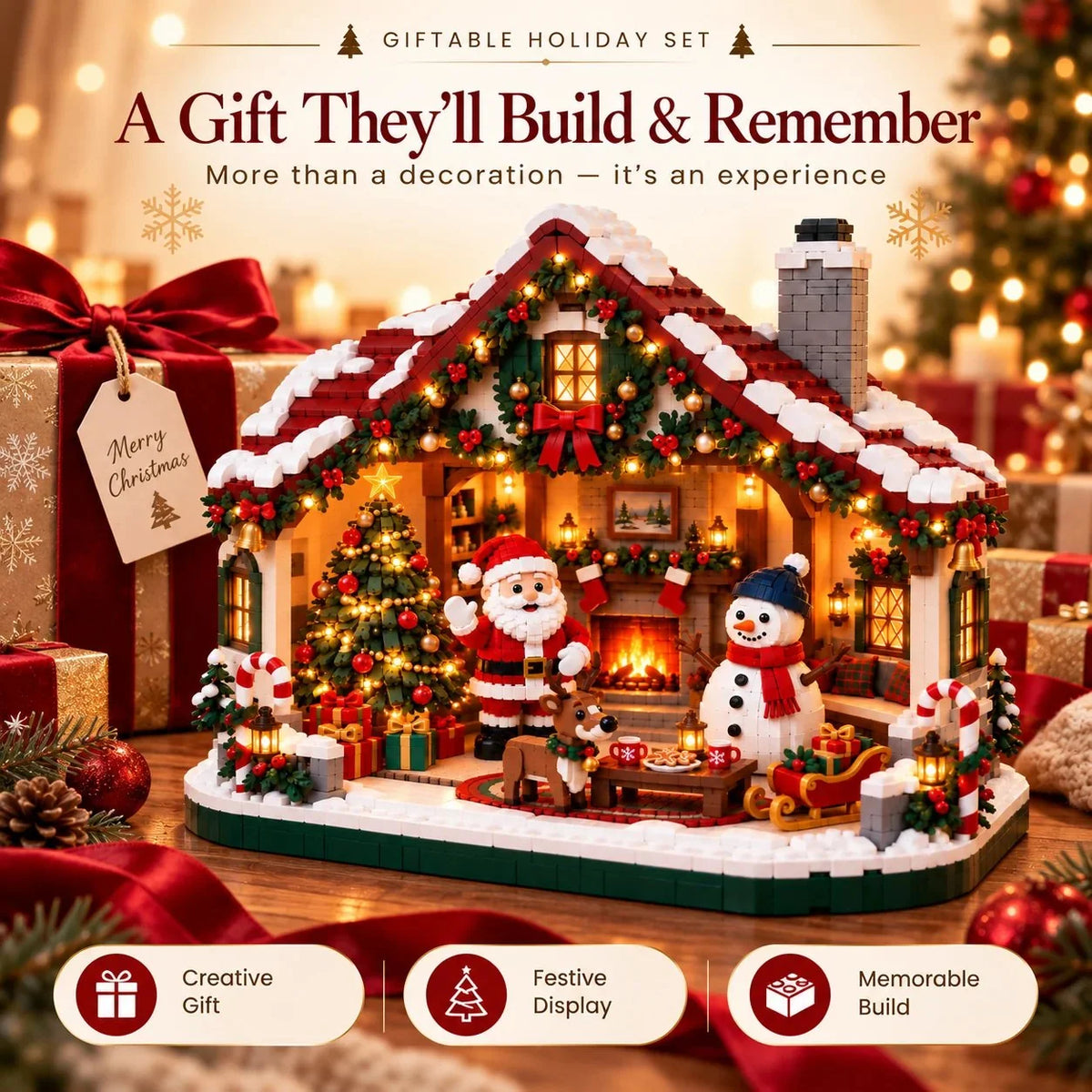Building Block Set Christmas Open-Front House Three Figures