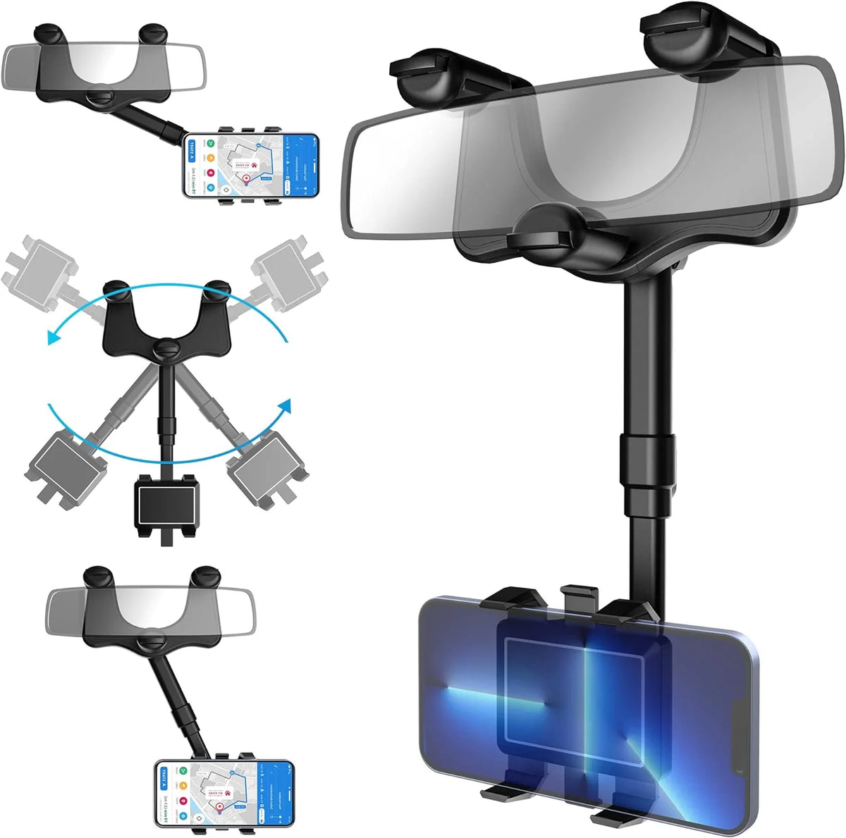 Car Phone Holder Rearview Mirror Mount 360° Rotating Foldable