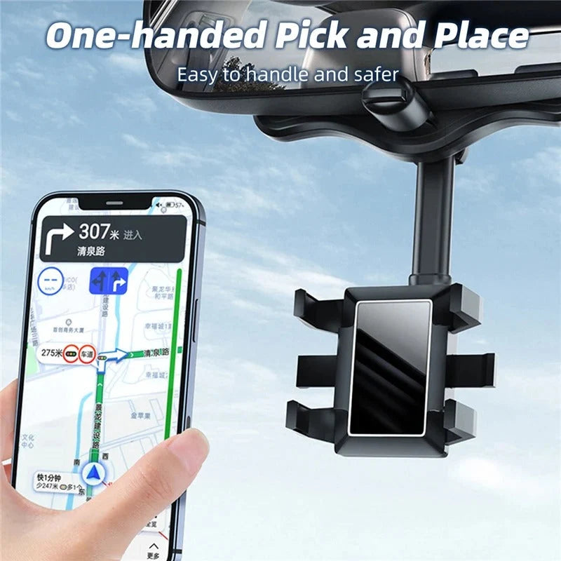 Car Phone Holder Rearview Mirror Mount 360° Rotating Foldable