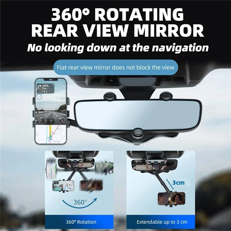 Car Phone Holder Rearview Mirror Mount 360° Rotating Foldable