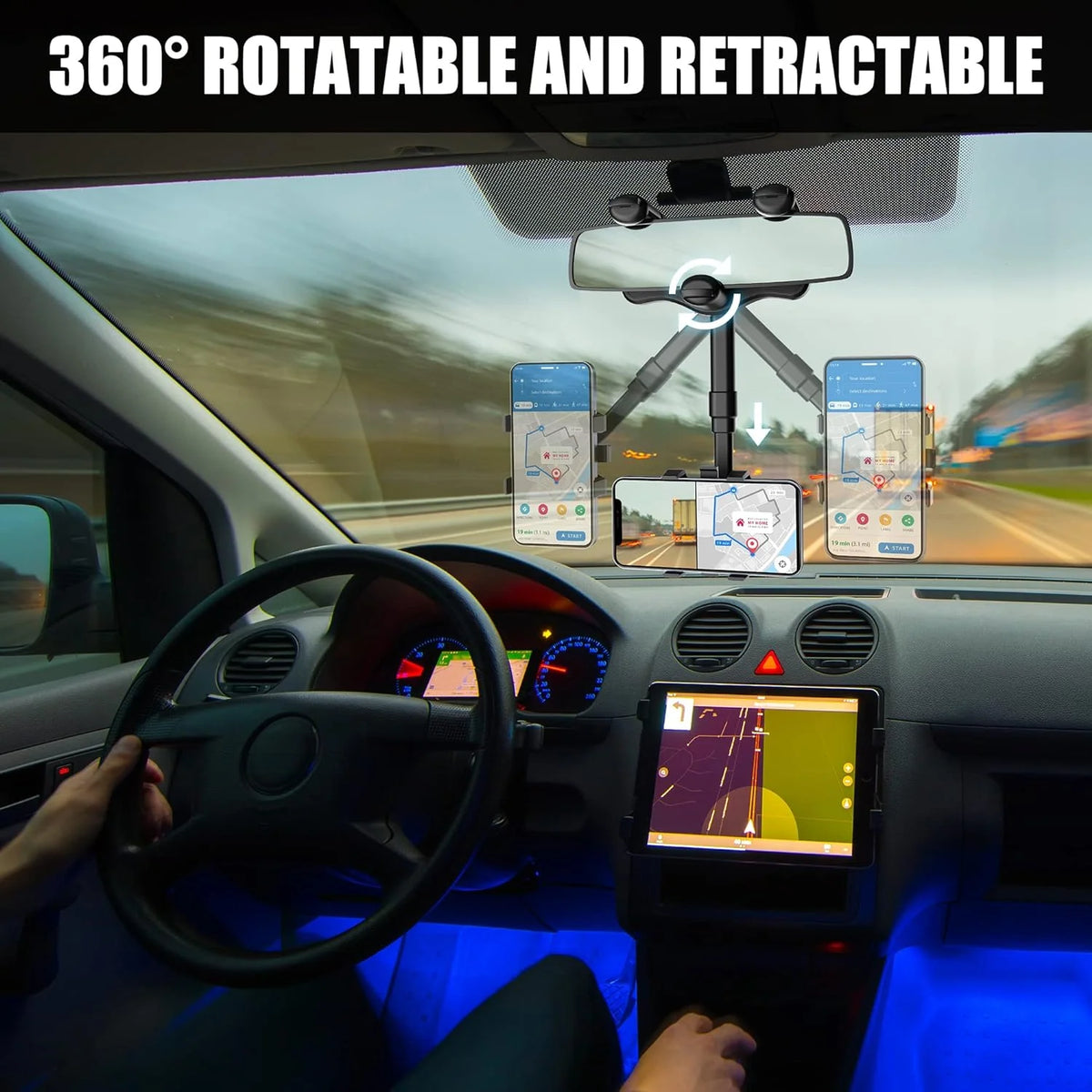Car Phone Holder Rearview Mirror Mount 360° Rotating Foldable