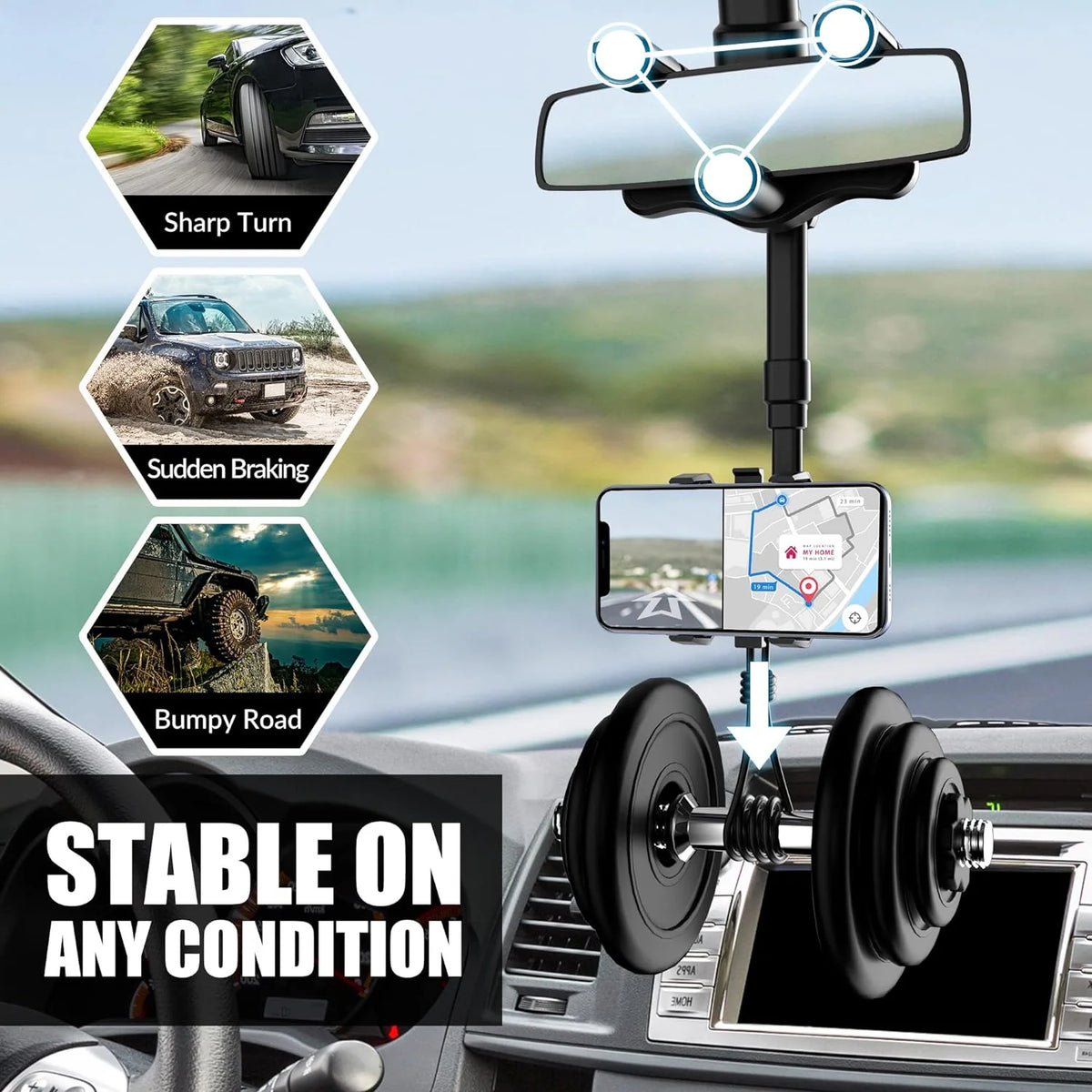 Car Phone Holder Rearview Mirror Mount 360° Rotating Foldable