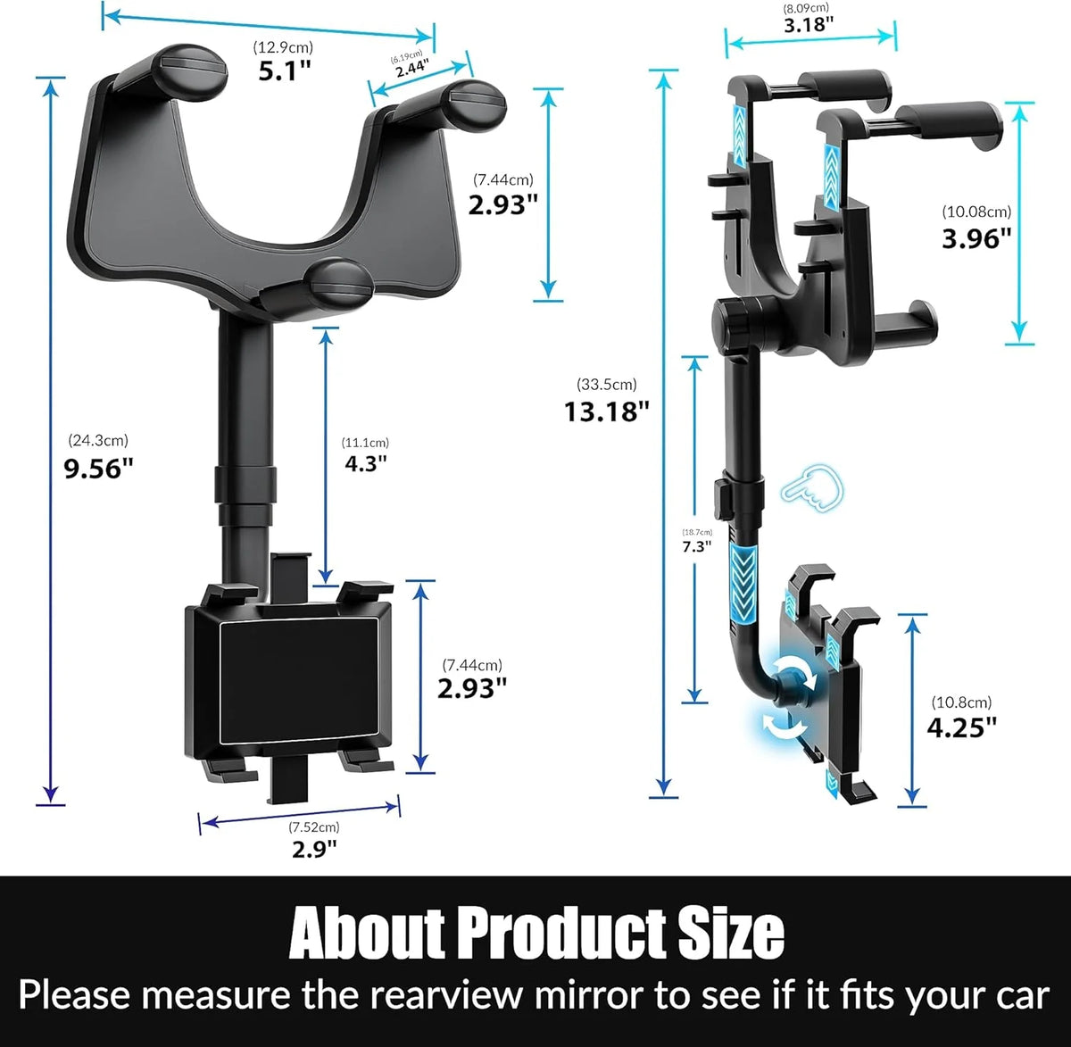 Car Phone Holder Rearview Mirror Mount 360° Rotating Foldable