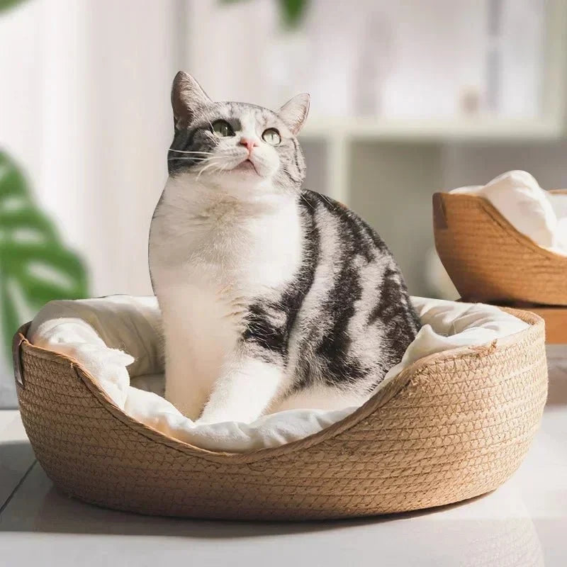 Cat Bed Bamboo Frame Breathable Cotton Cushion Removable Washable Cover