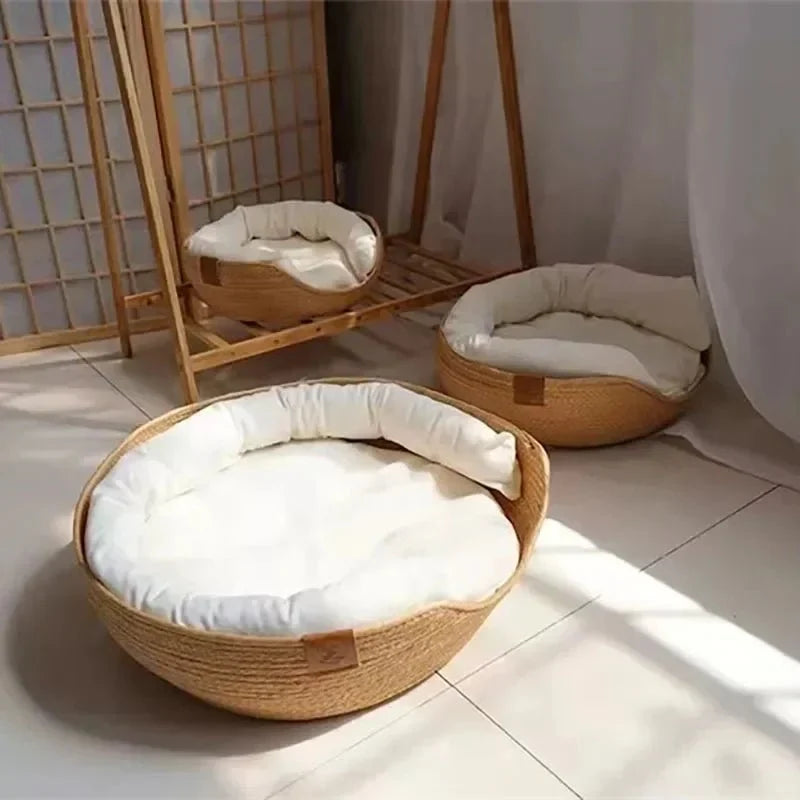 Cat Bed Bamboo Frame Breathable Cotton Cushion Removable Washable Cover