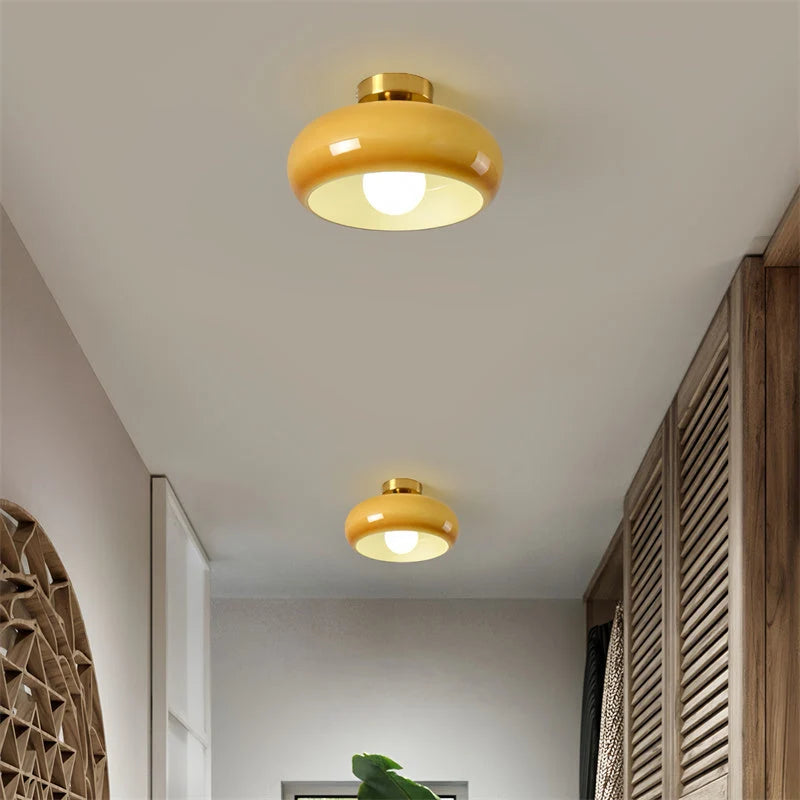 Ceiling Light Hand-Blown Glass Compact Drum Brass-Tone Finish