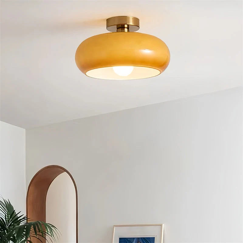 Ceiling Light Hand-Blown Glass Compact Drum Brass-Tone Finish
