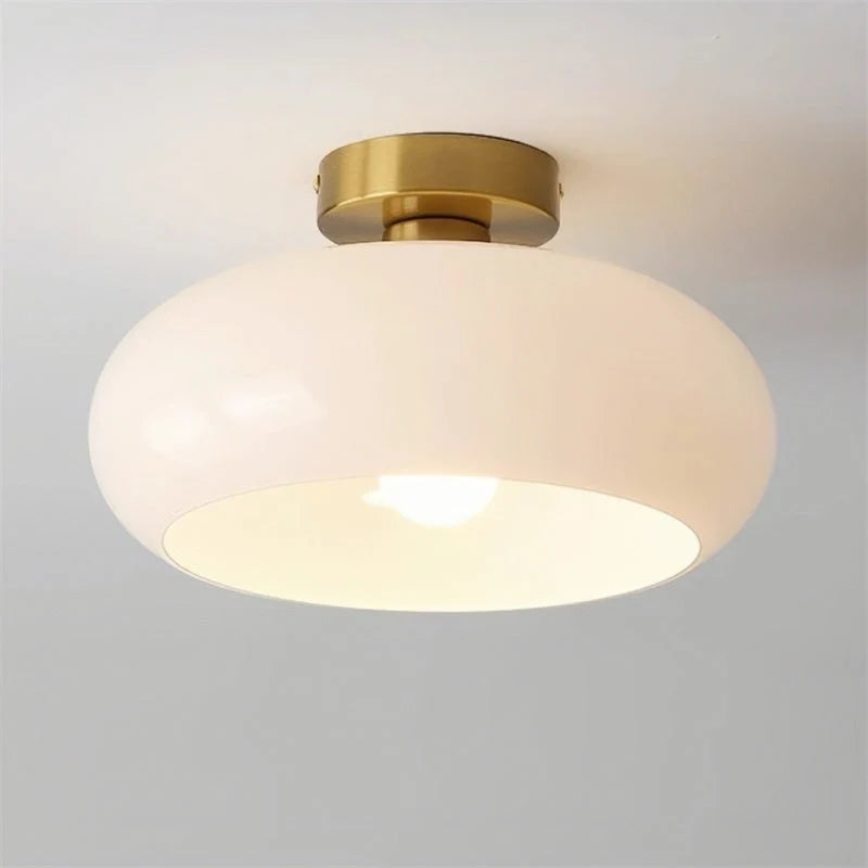 Ceiling Light Hand-Blown Glass Compact Drum Brass-Tone Finish