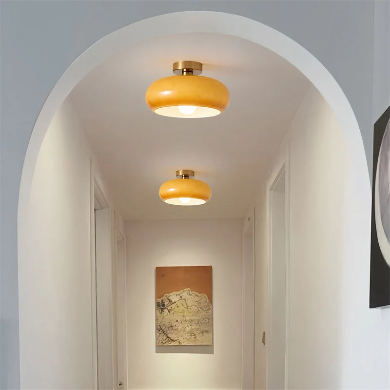Ceiling Light Hand-Blown Glass Compact Drum Brass-Tone Finish