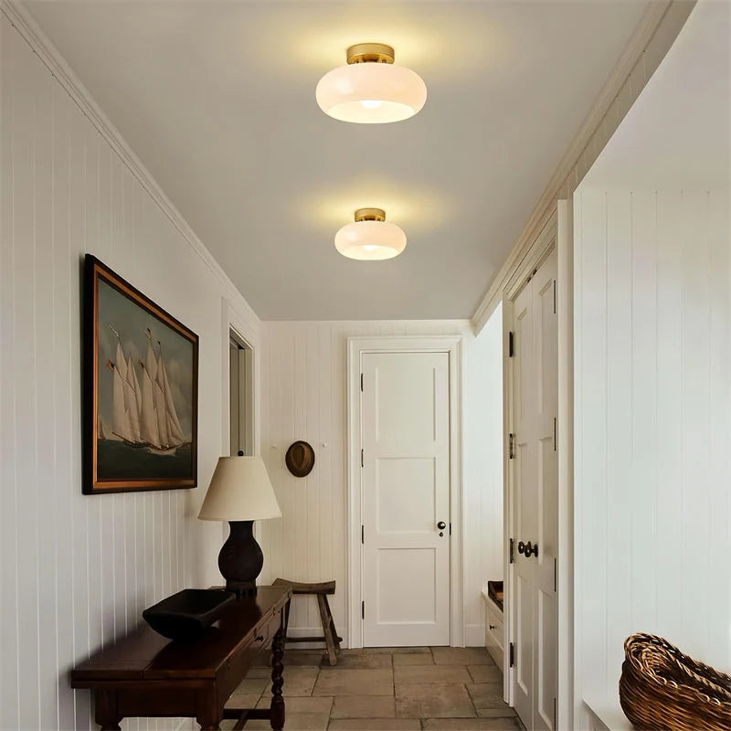 Ceiling Light Hand-Blown Glass Compact Drum Brass-Tone Finish