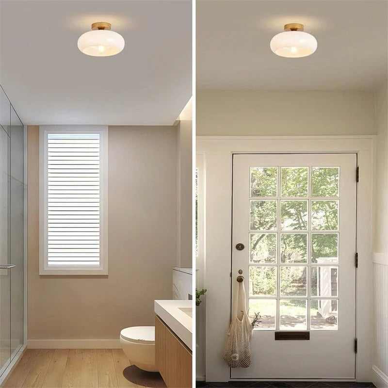 Ceiling Light Hand-Blown Glass Compact Drum Brass-Tone Finish