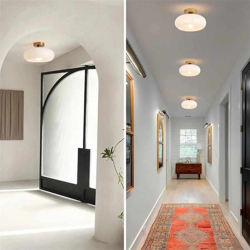 Ceiling Light Hand-Blown Glass Compact Drum Brass-Tone Finish