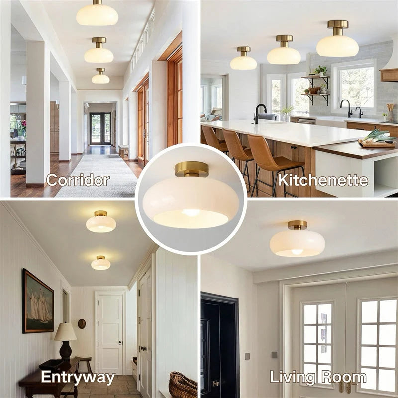 Ceiling Light Hand-Blown Glass Compact Drum Brass-Tone Finish