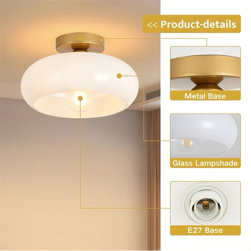 Ceiling Light Hand-Blown Glass Compact Drum Brass-Tone Finish
