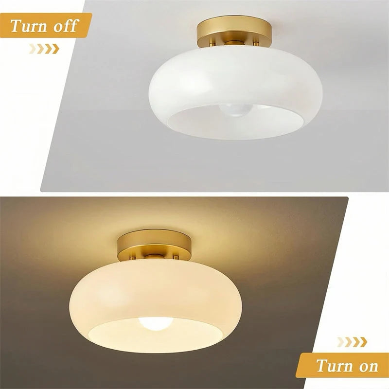 Ceiling Light Hand-Blown Glass Compact Drum Brass-Tone Finish