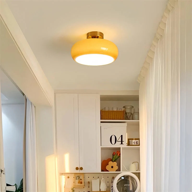 Ceiling Light Hand-Blown Glass Compact Drum Brass-Tone Finish