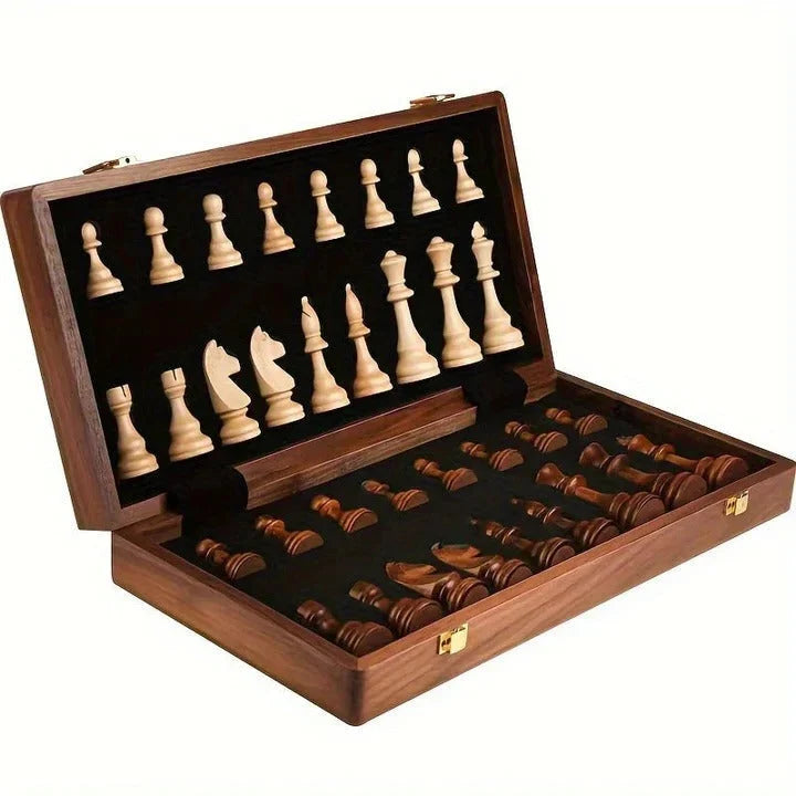 Chess Set Wooden Folding Magnetic Closure With Piece Storage
