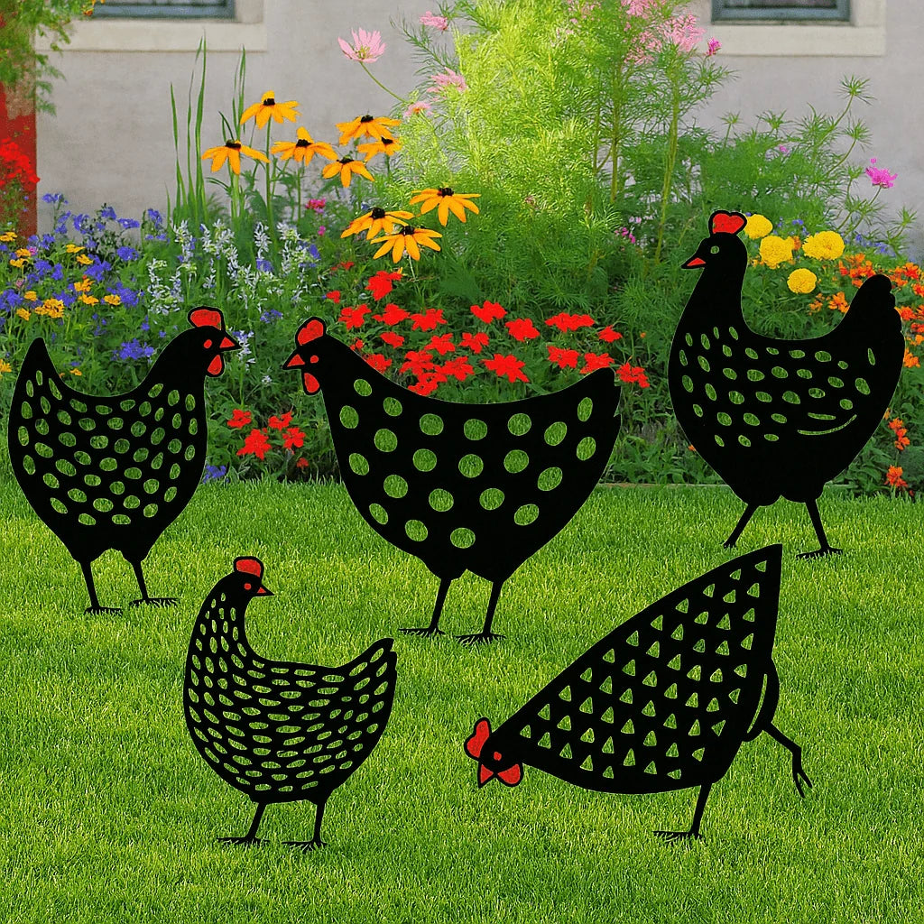Chicken Garden Statue Set Hand-Painted Weather-Resistant 5-Piece