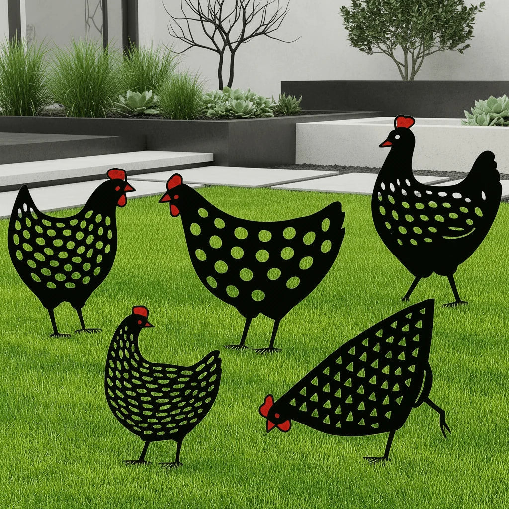 Chicken Garden Statue Set Hand-Painted Weather-Resistant 5-Piece