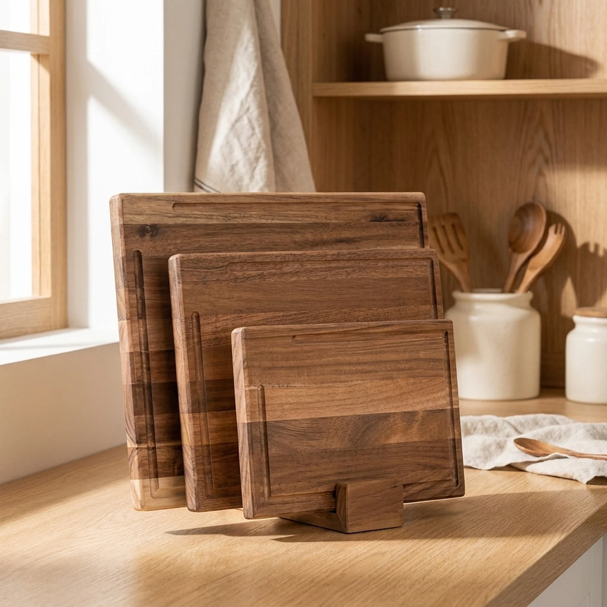 Chopping Board Set Grooved Set of 3 with Wooden Stand
