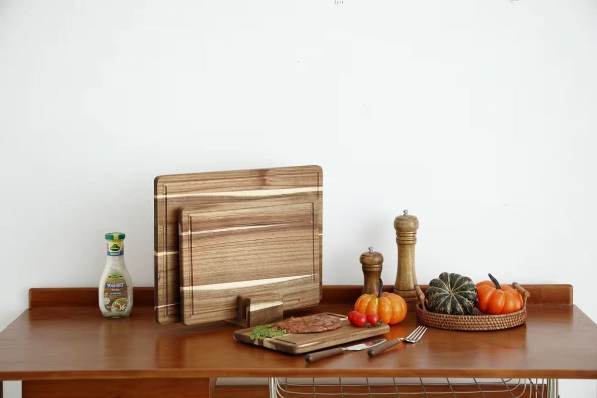 Chopping Board Set Grooved Set of 3 with Wooden Stand