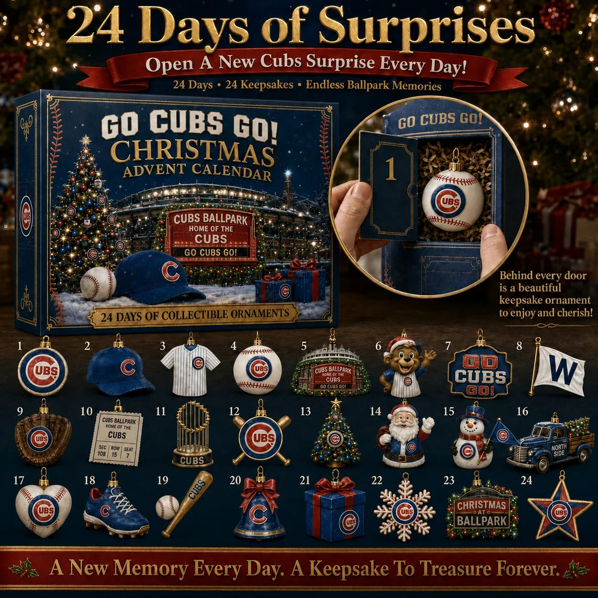 Christmas Advent Calendar Baseball Theme 24 Keepsake Ornaments