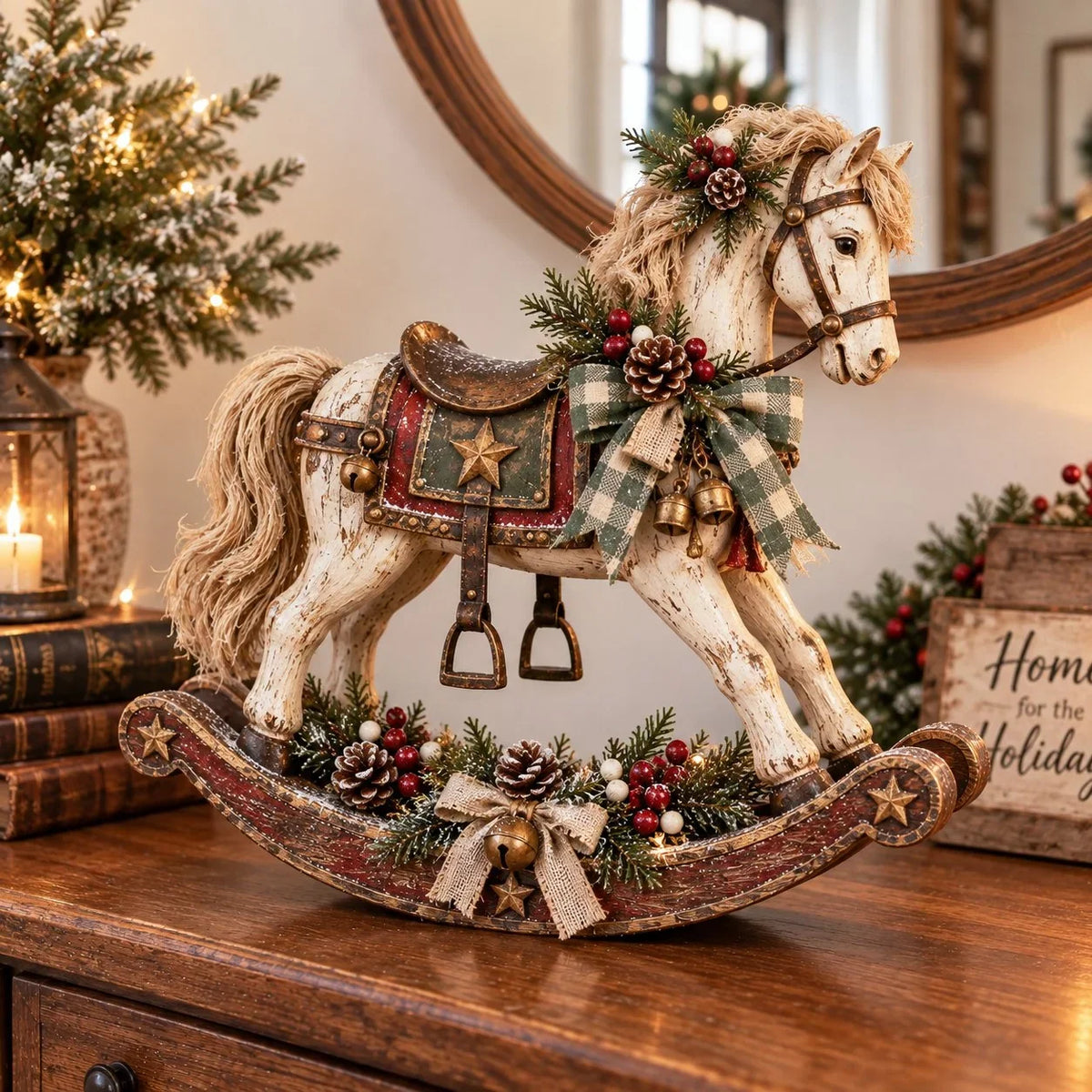 Christmas Rocking Horse Decoration Distressed Wood Plaid Ribbon & Bells