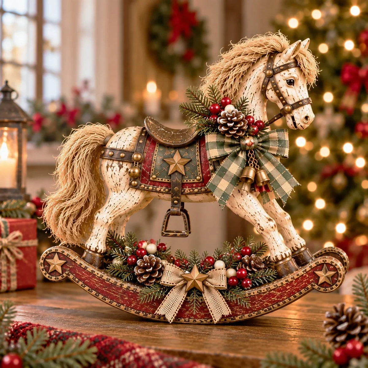 Christmas Rocking Horse Decoration Distressed Wood Plaid Ribbon & Bells