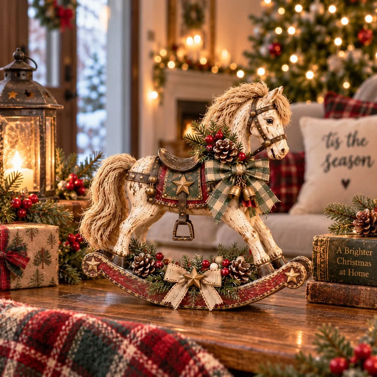 Christmas Rocking Horse Decoration Distressed Wood Plaid Ribbon & Bells