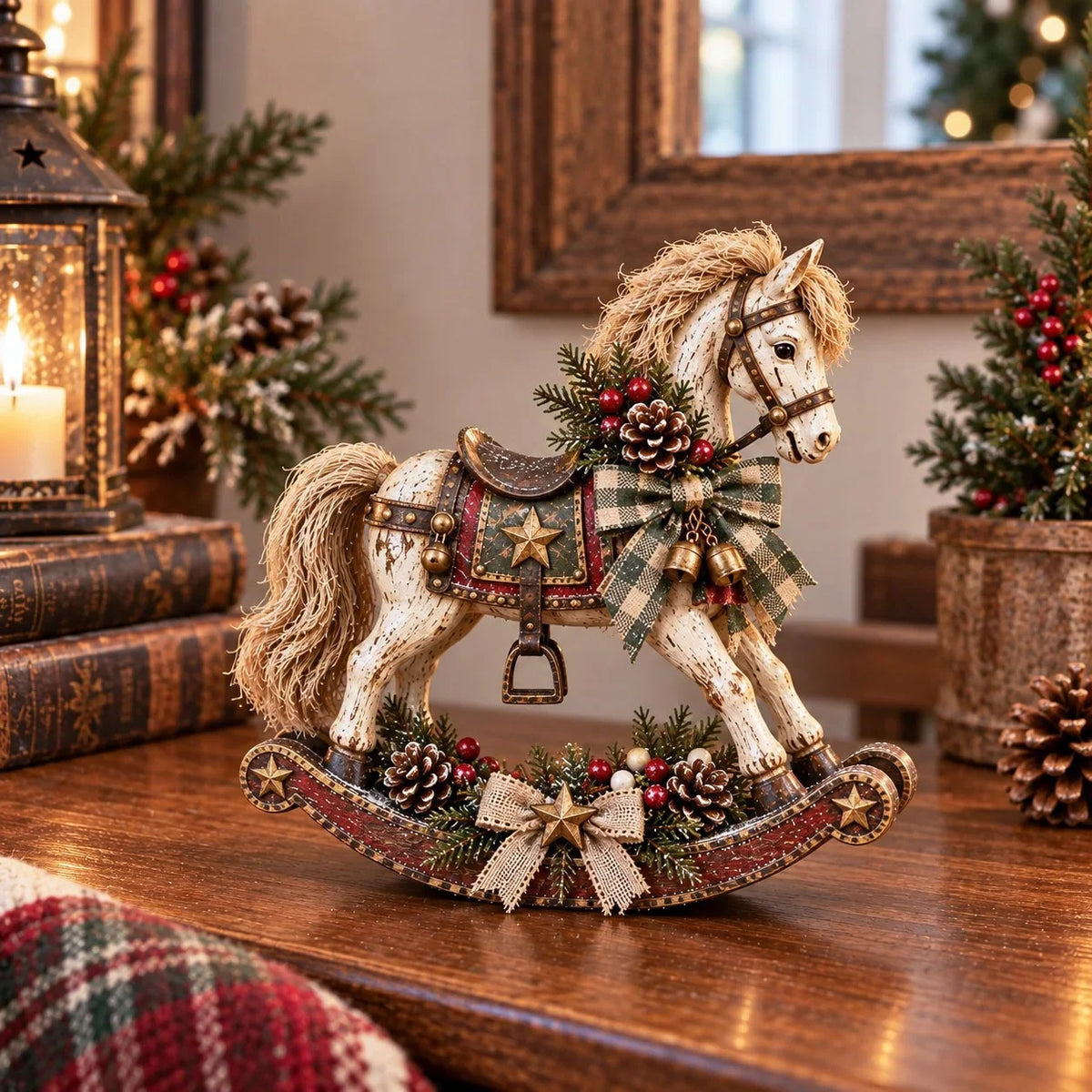 Christmas Rocking Horse Decoration Distressed Wood Plaid Ribbon & Bells