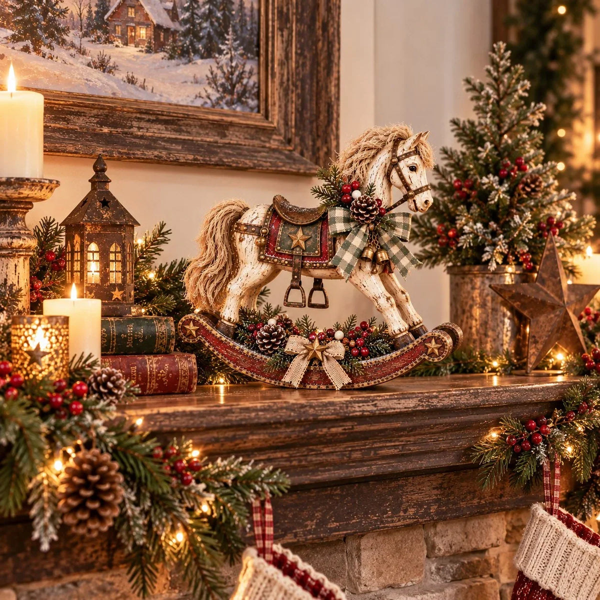 Christmas Rocking Horse Decoration Distressed Wood Plaid Ribbon & Bells