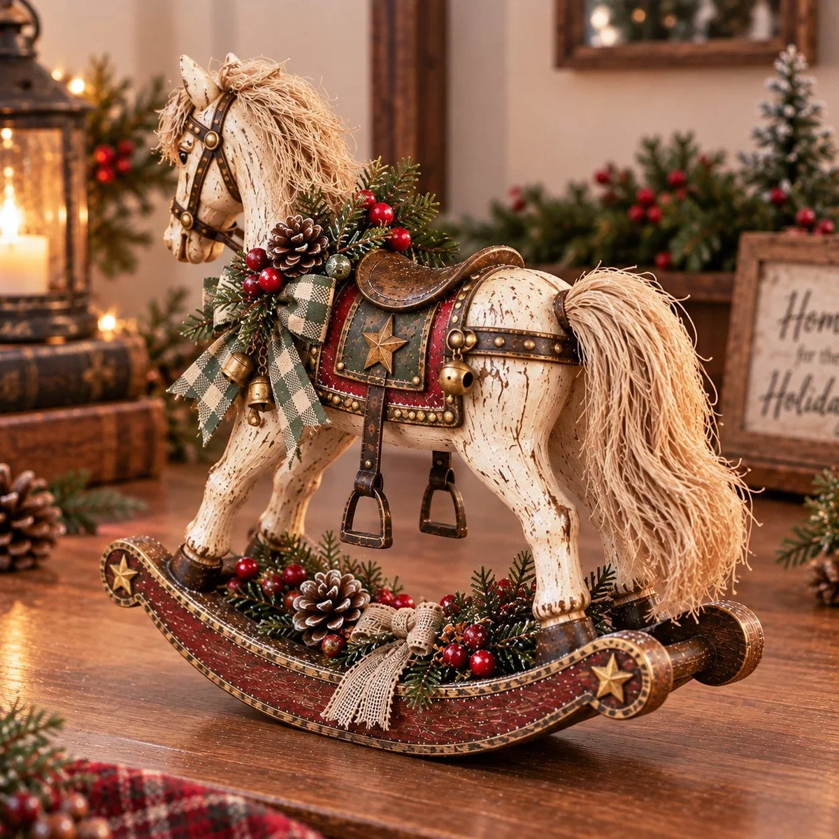 Christmas Rocking Horse Decoration Distressed Wood Plaid Ribbon & Bells
