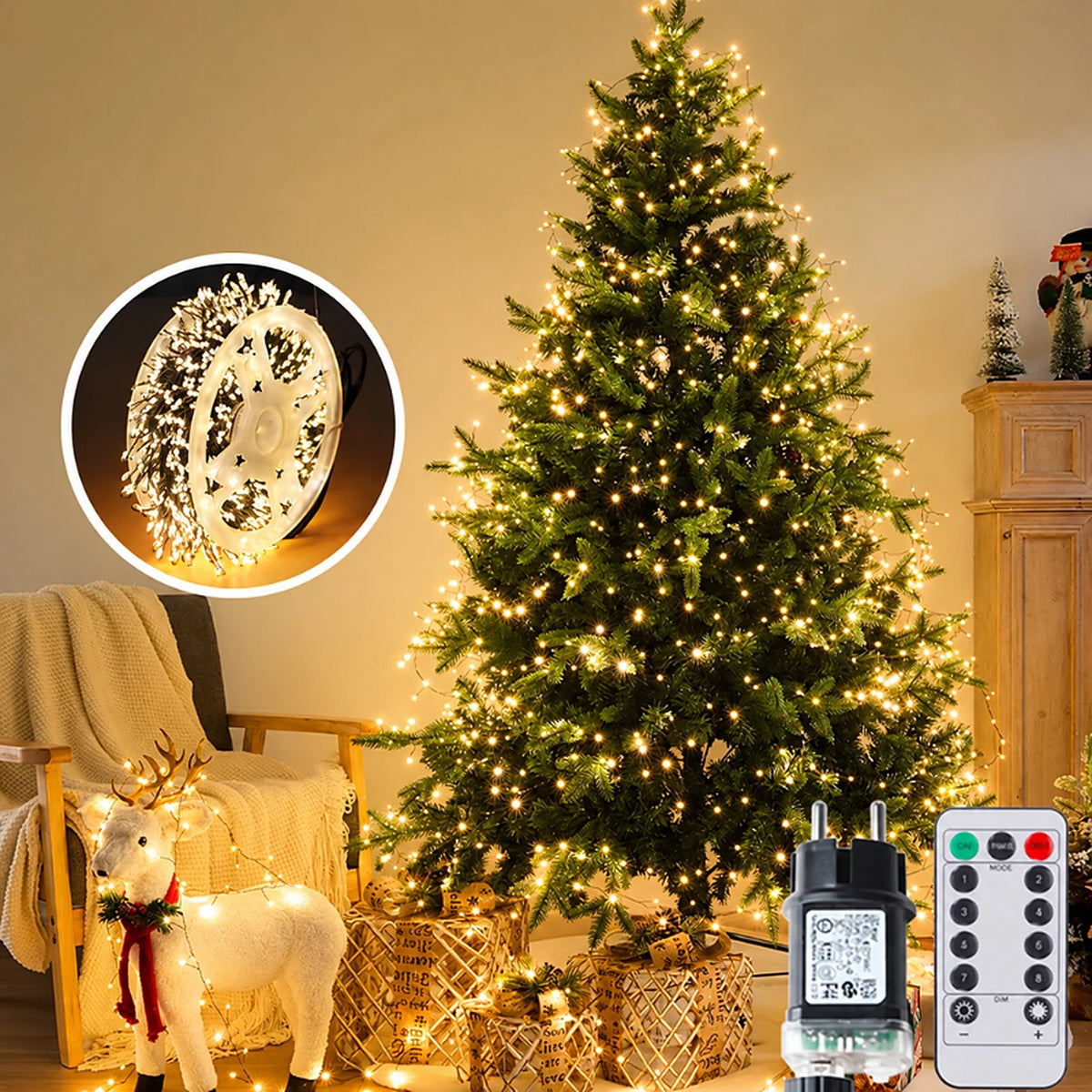 Christmas String Lights Dense LED Remote Control Dimmable Green Wire
