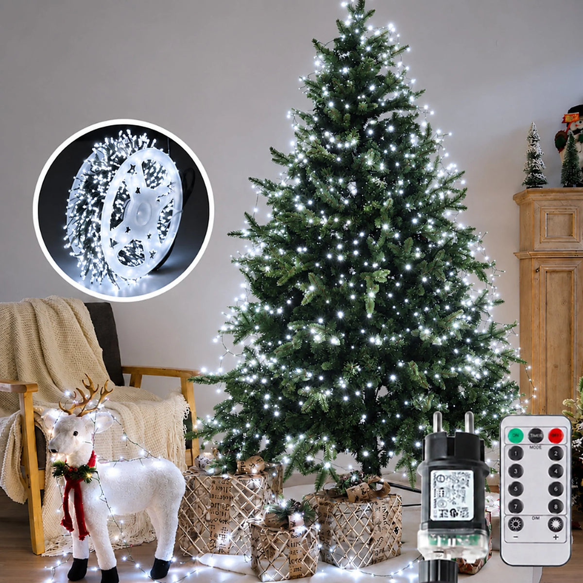 Christmas String Lights Dense LED Remote Control Dimmable Green Wire