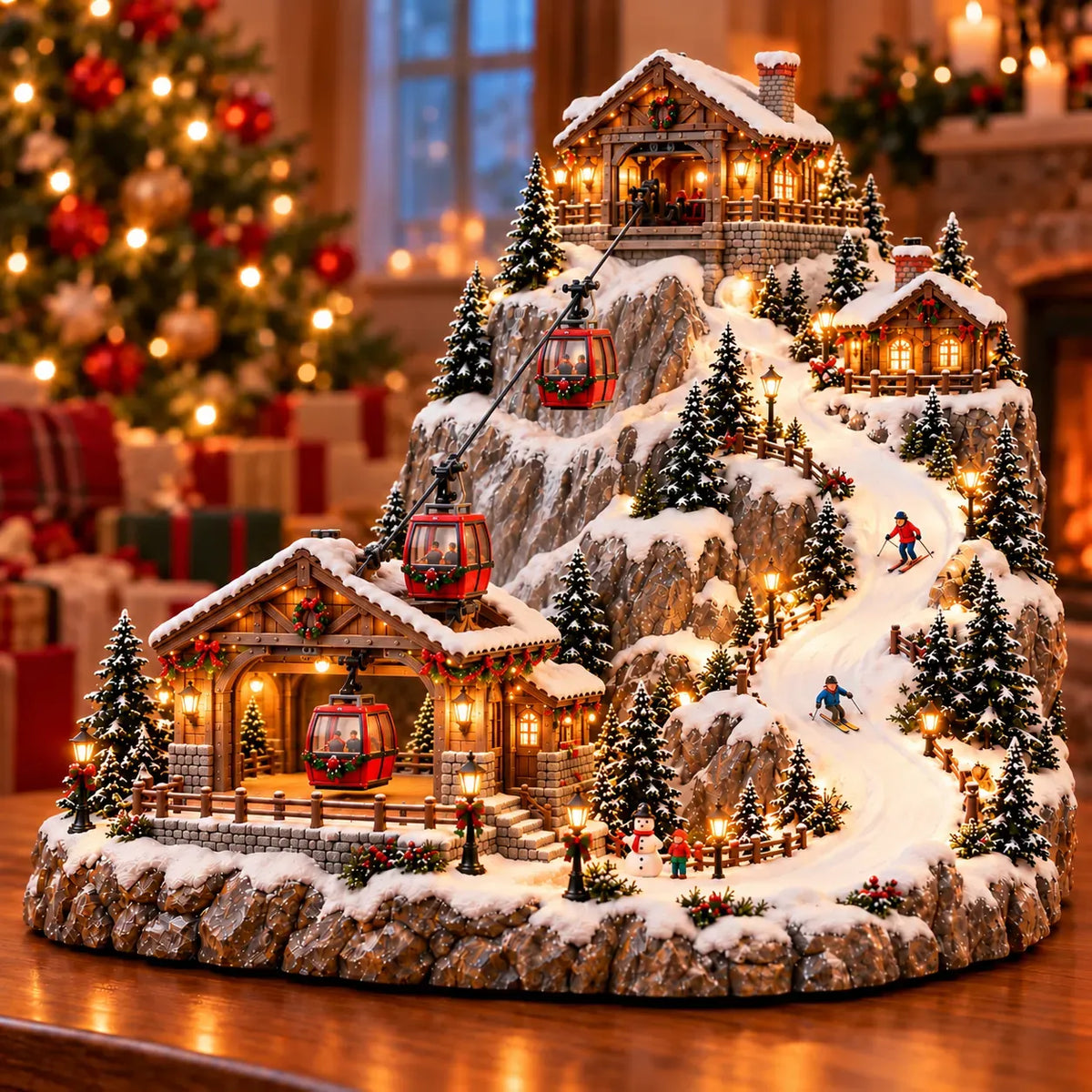 Christmas Village Decoration Animated Cable Cars & Skiers Illuminated