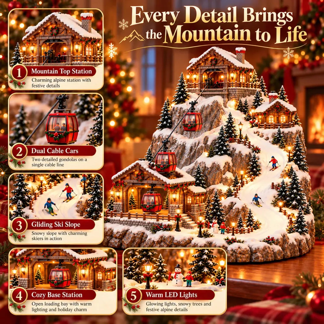 Christmas Village Decoration Animated Cable Cars & Skiers Illuminated