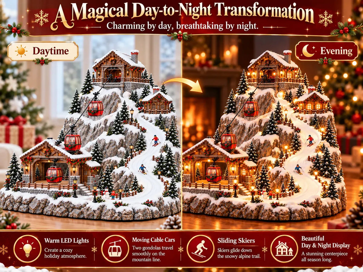 Christmas Village Decoration Animated Cable Cars & Skiers Illuminated