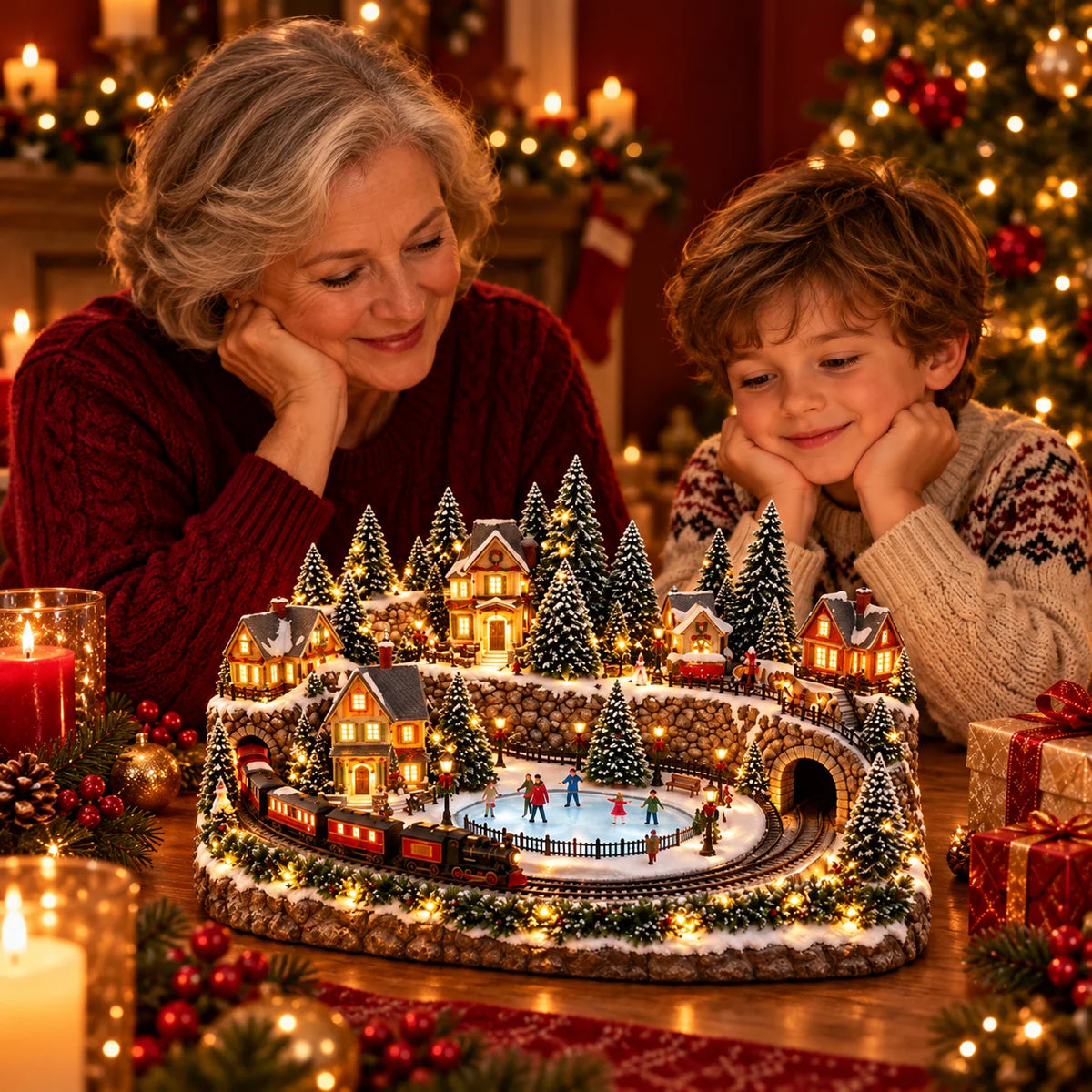 Christmas Village Display Animated Train Warm Lights & Music