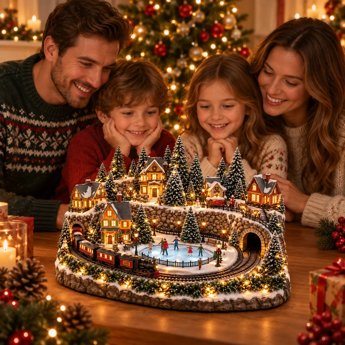 Christmas Village Display Animated Train Warm Lights & Music