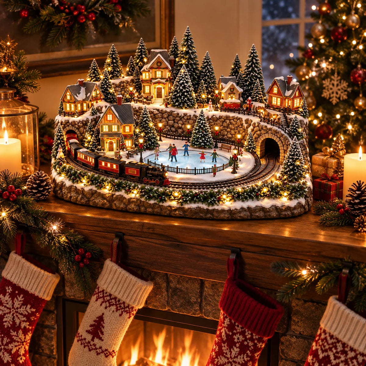 Christmas Village Display Animated Train Warm Lights & Music
