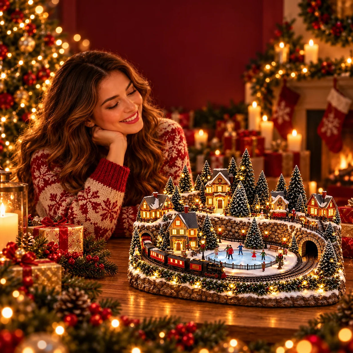 Christmas Village Display Animated Train Warm Lights & Music
