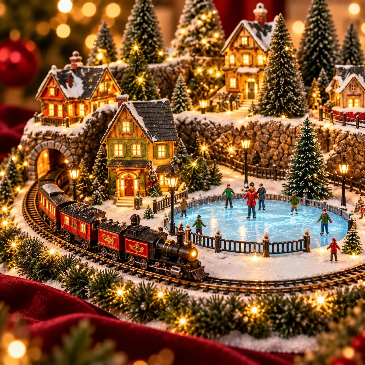 Christmas Village Display Animated Train Warm Lights & Music