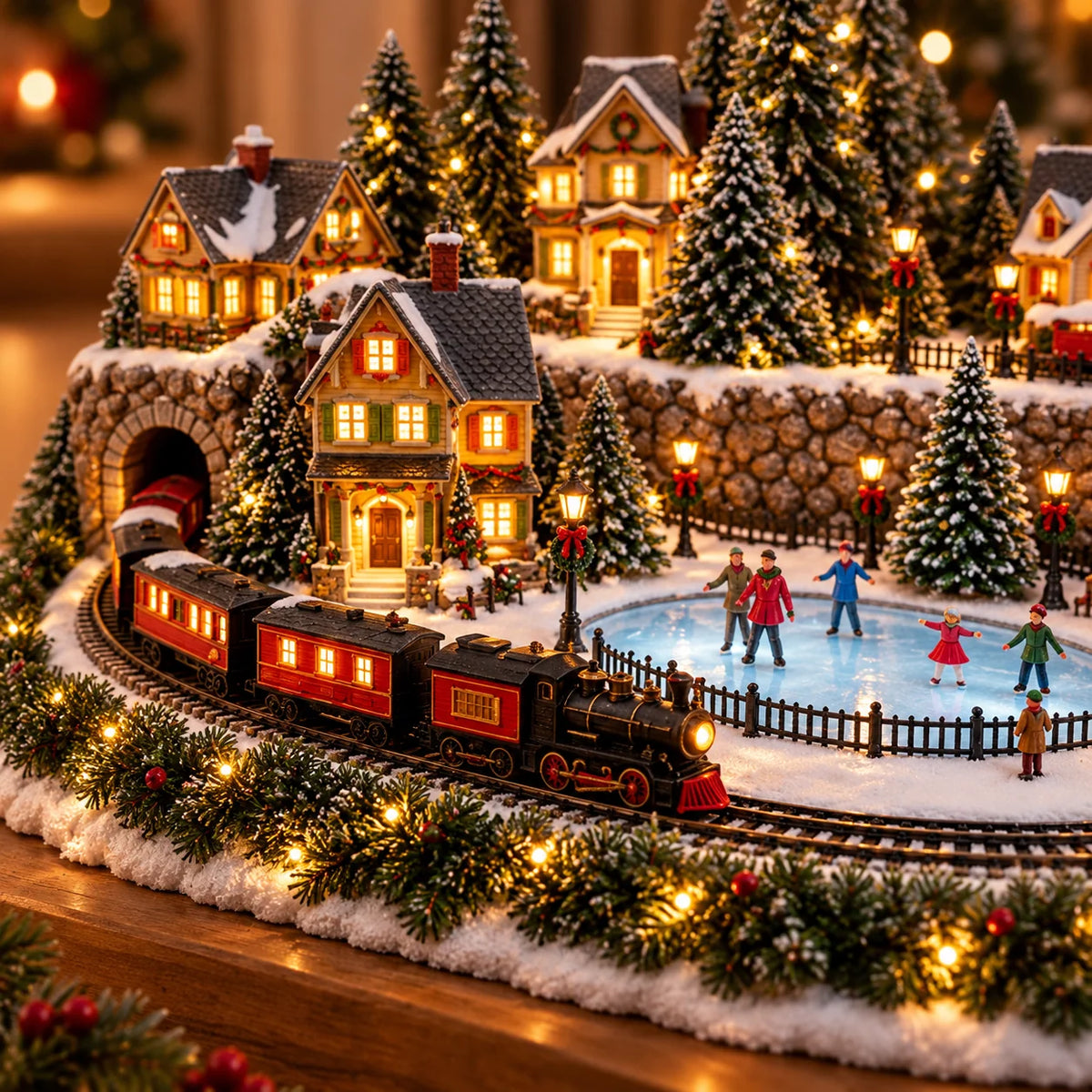 Christmas Village Display Animated Train Warm Lights & Music